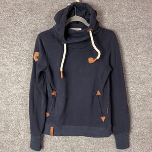 Naketano Navy Blue Cowl Neck Hoodie With Rope Detail And‎ Leather Accents Small